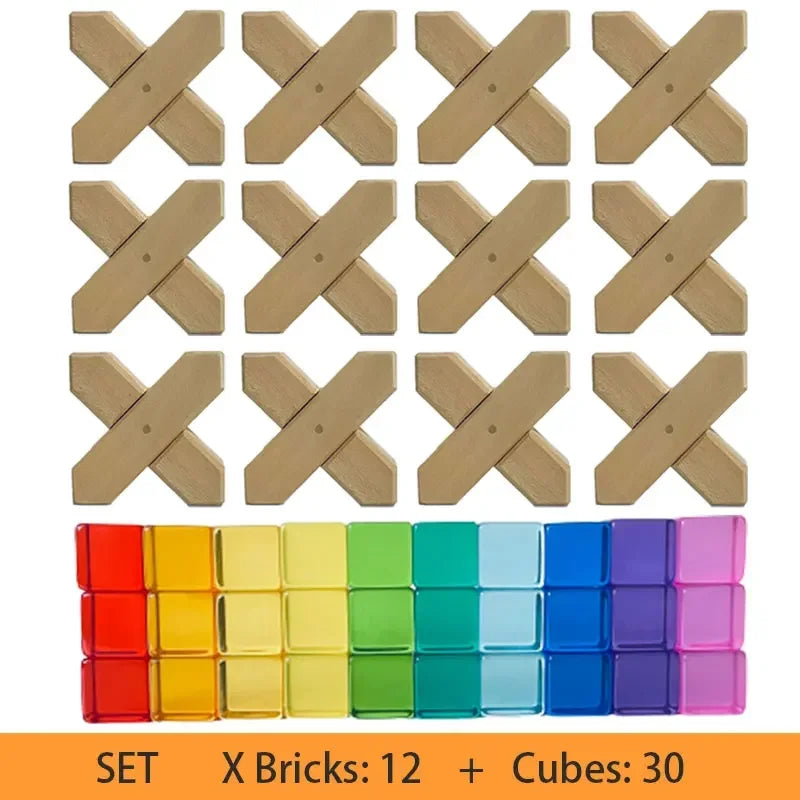 A set of 12 wooden X bricks and 30 cubes for creative play