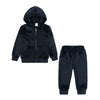 Navy velvet kids tracksuit set featuring a hooded zipper jacket and matching pants