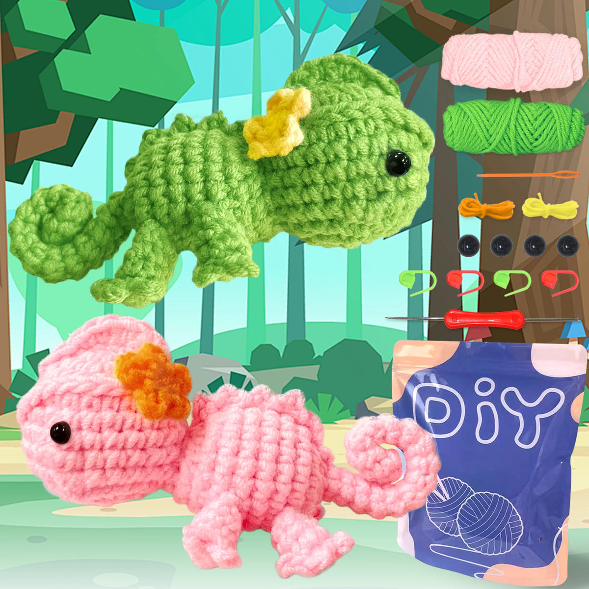 A beginner crochet kit for amigurumi animals showing a green frog and a pink hedgehog among yarn and tools.