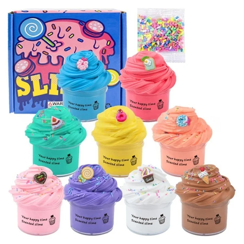 A set of colorful slime containers with cake decorations and various colored slimes.