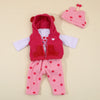 A pink and red animal romper set for a baby doll featuring a hoodie and matching pants.
