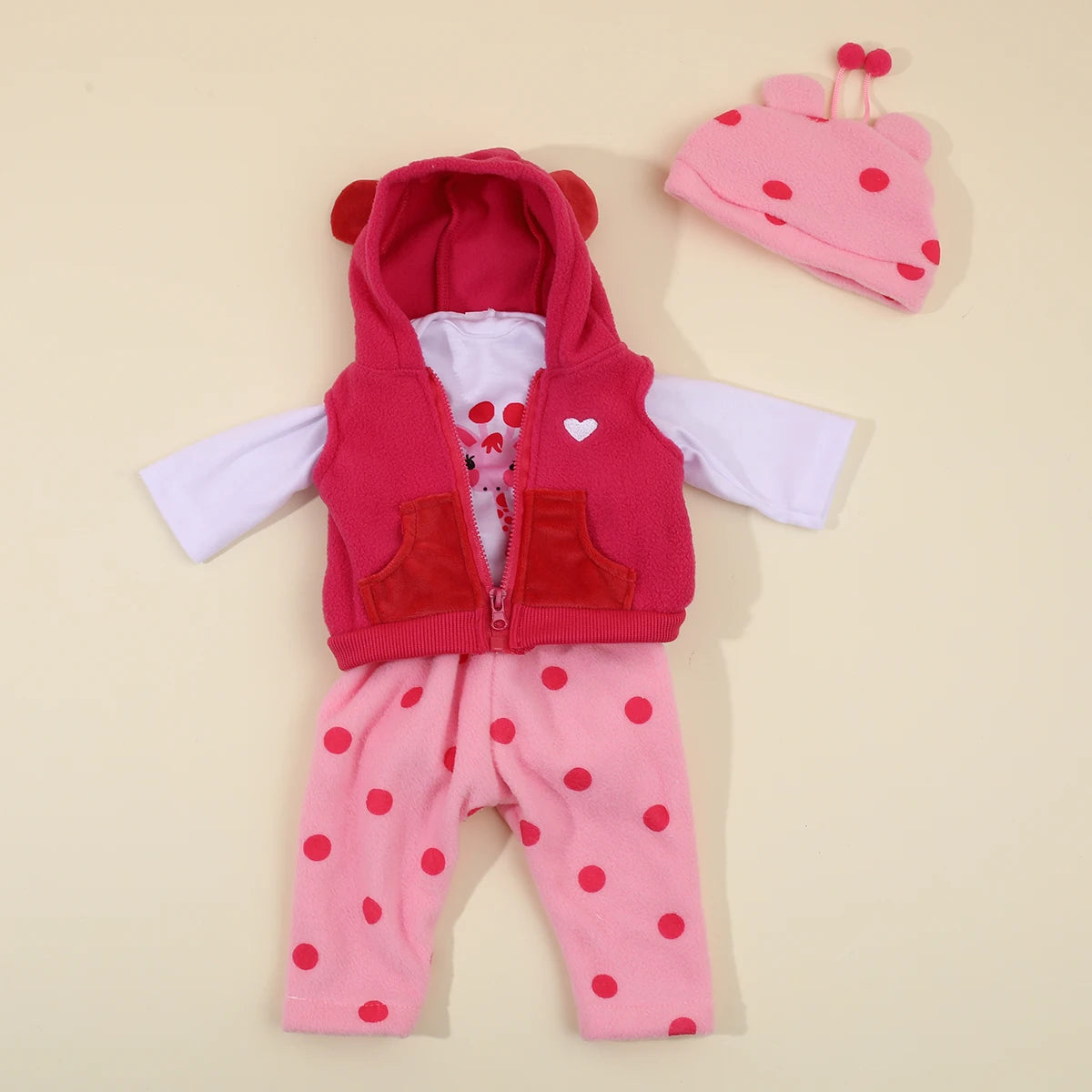 A pink and red animal romper set for a baby doll featuring a hoodie and matching pants.