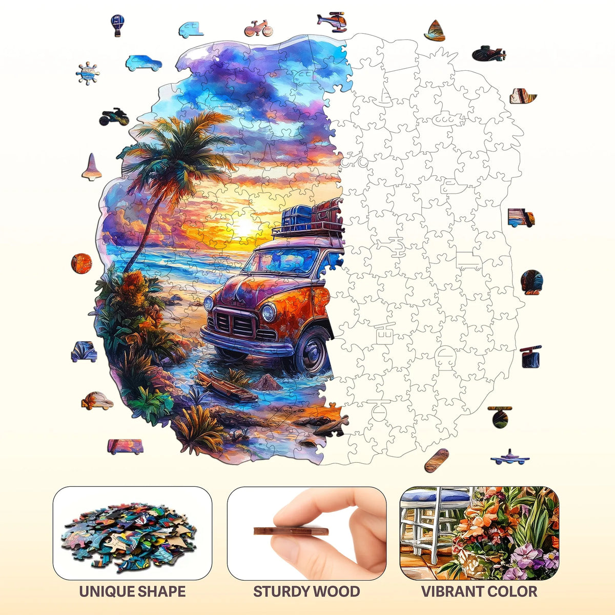 An artistic jigsaw puzzle shaped like a map of Estonia featuring a vintage orange jeep and various natural elements.