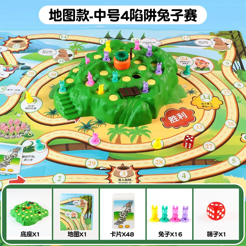 A board game map showing a rabbit trap puzzle game layout with numbered paths and a central green area, along with game compo