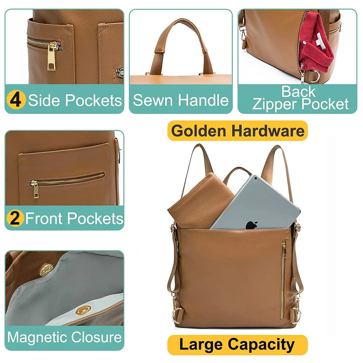 PU Leather Diaper Backpack with Changing Pad and Stroller Straps