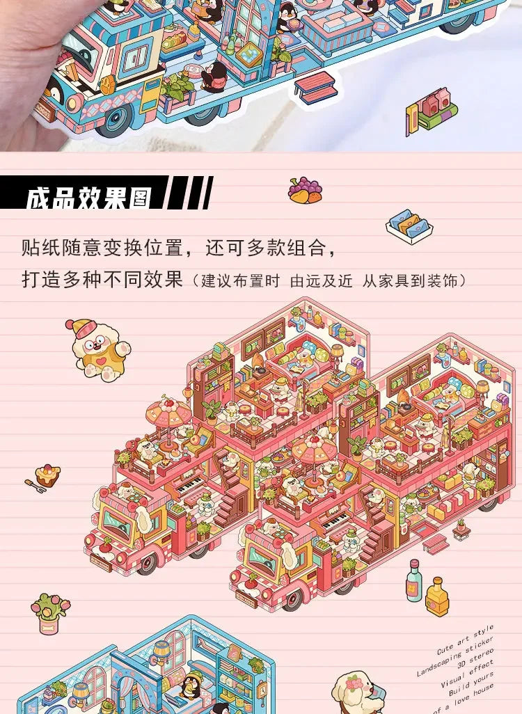 A set of whimsical cartoon penguin and dog RV scene stickers showing various colorful scenes and layouts.