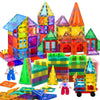 A collection of colorful magnetic building blocks and structures for kids, including geometric shapes and houses.