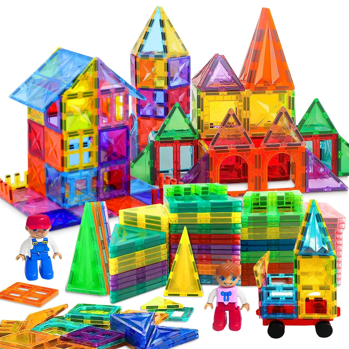 A collection of colorful magnetic building blocks and structures for kids, including geometric shapes and houses.