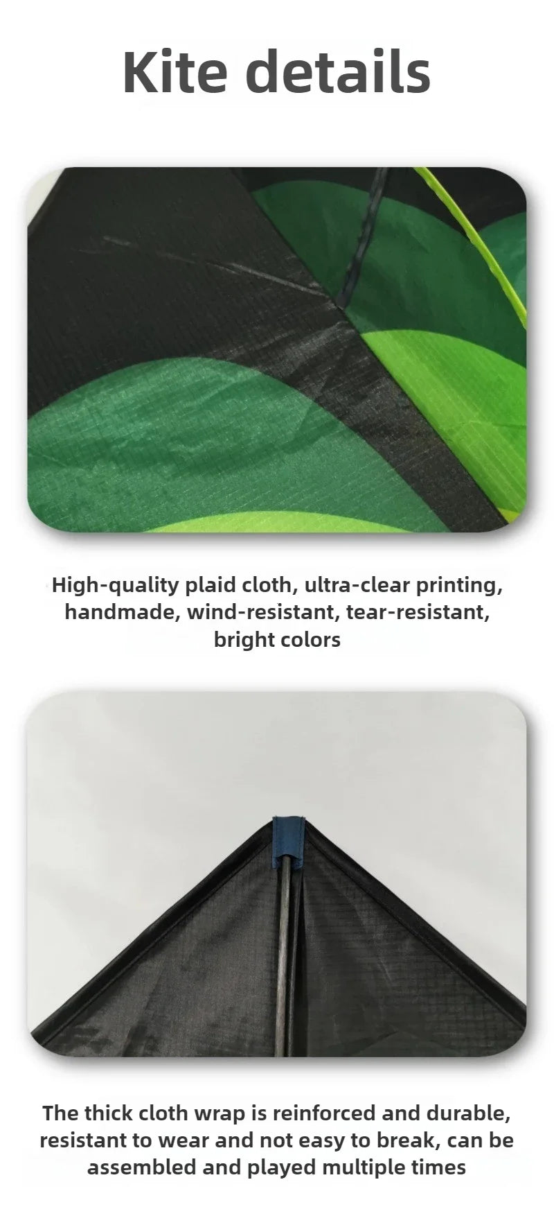 A black plaid kite with a green wing design shown from above and below.