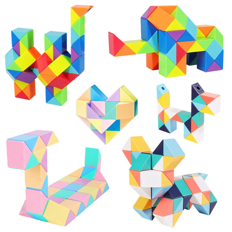 A colorful magic snake cube 3D puzzle fidget toy shown in various assembled and disassembled forms.