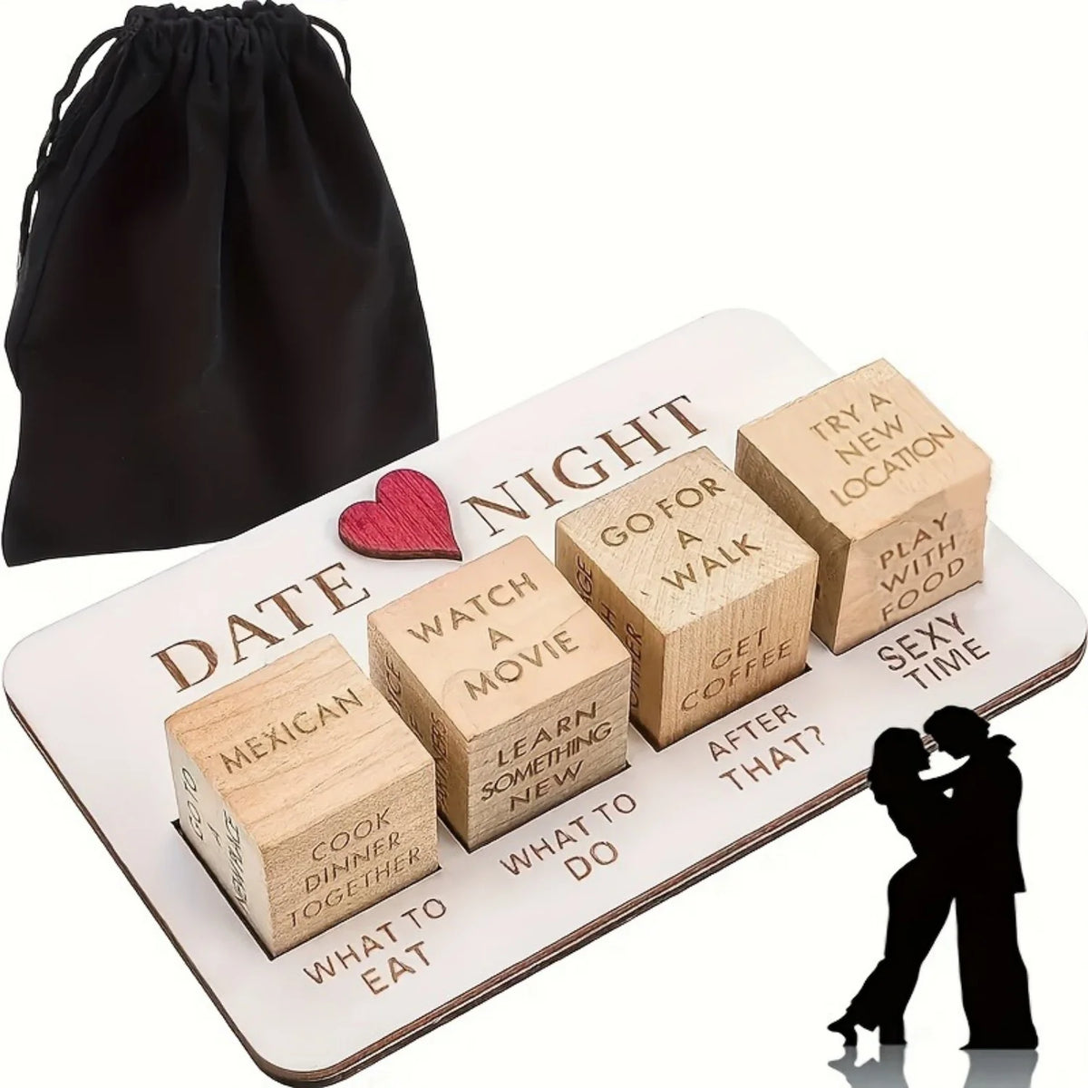 A set of wooden dice used for a couples game called Date Night Dice featuring various prompts like Watch a Movie or Go for a 