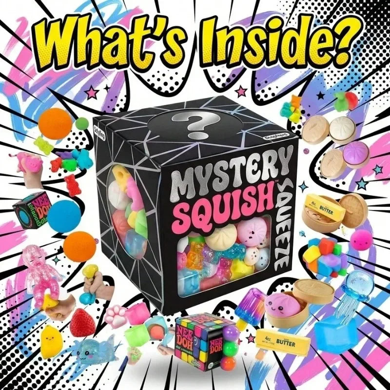 A mystery squish blind box featuring various colorful and cute squishy toys and accessories.