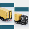 A yellow and black Mercedes-Benz container truck model with pull-back action features a detailed container box.