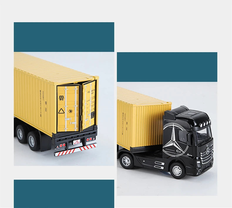 A yellow and black Mercedes-Benz container truck model with pull-back action features a detailed container box.