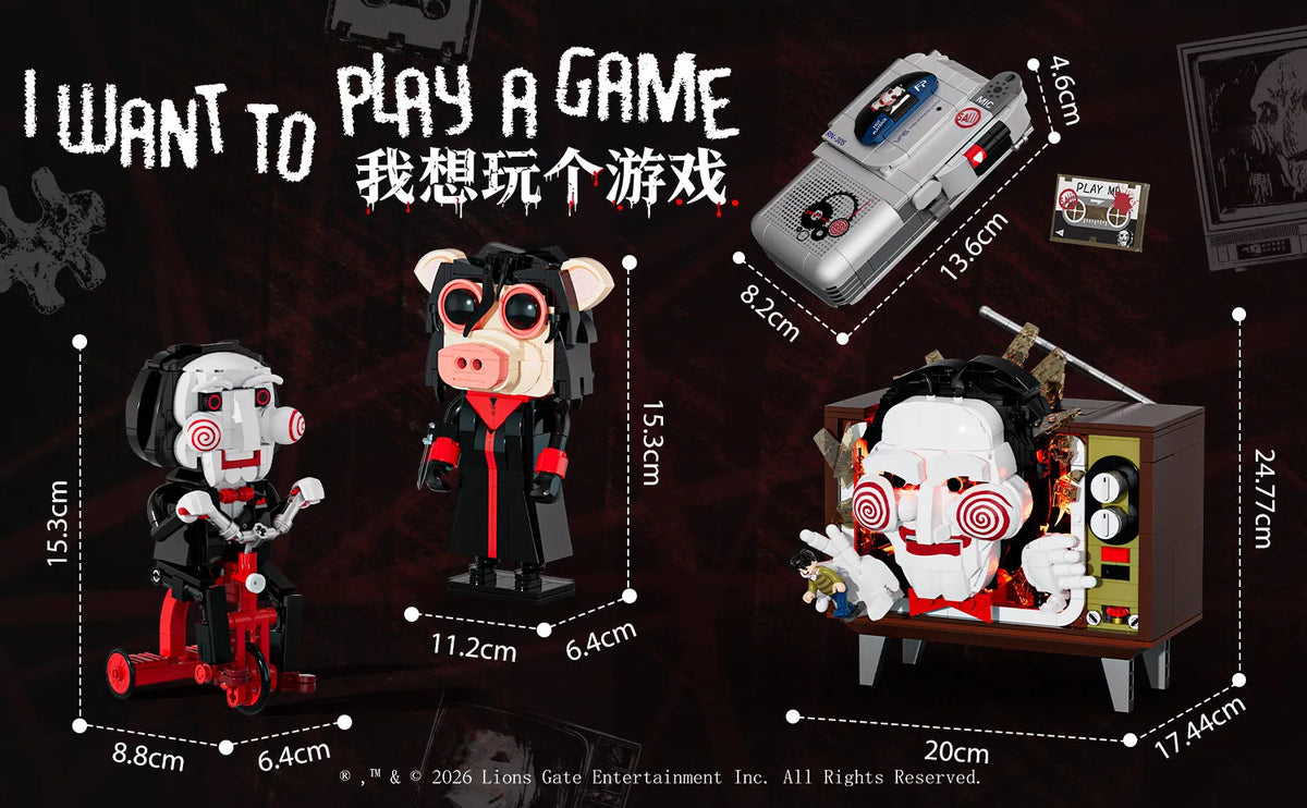 A horror movie puppet model building set featuring a character, a voice recorder, and related accessories.