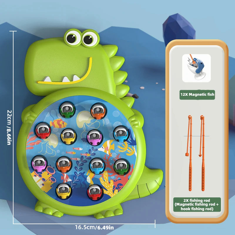 A green plastic crocodile toy featuring 12 magnetic fishing fish for kids