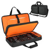 Orange padded case for a DJ controller with adjustable dividers and a separate carrying bag.
