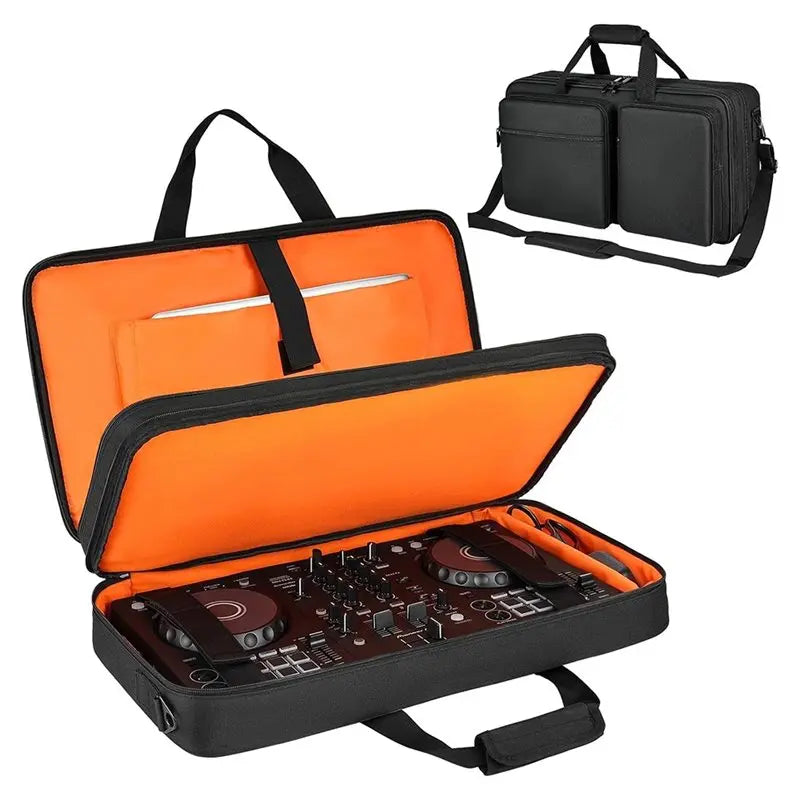 Orange padded case for a DJ controller with adjustable dividers and a separate carrying bag.