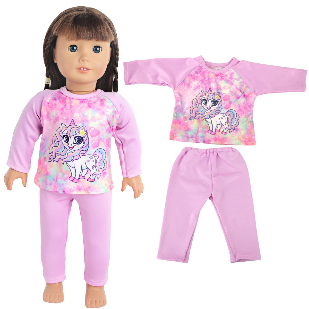Unicorn pajama set for an 18-inch doll featuring a pink top and matching pants.