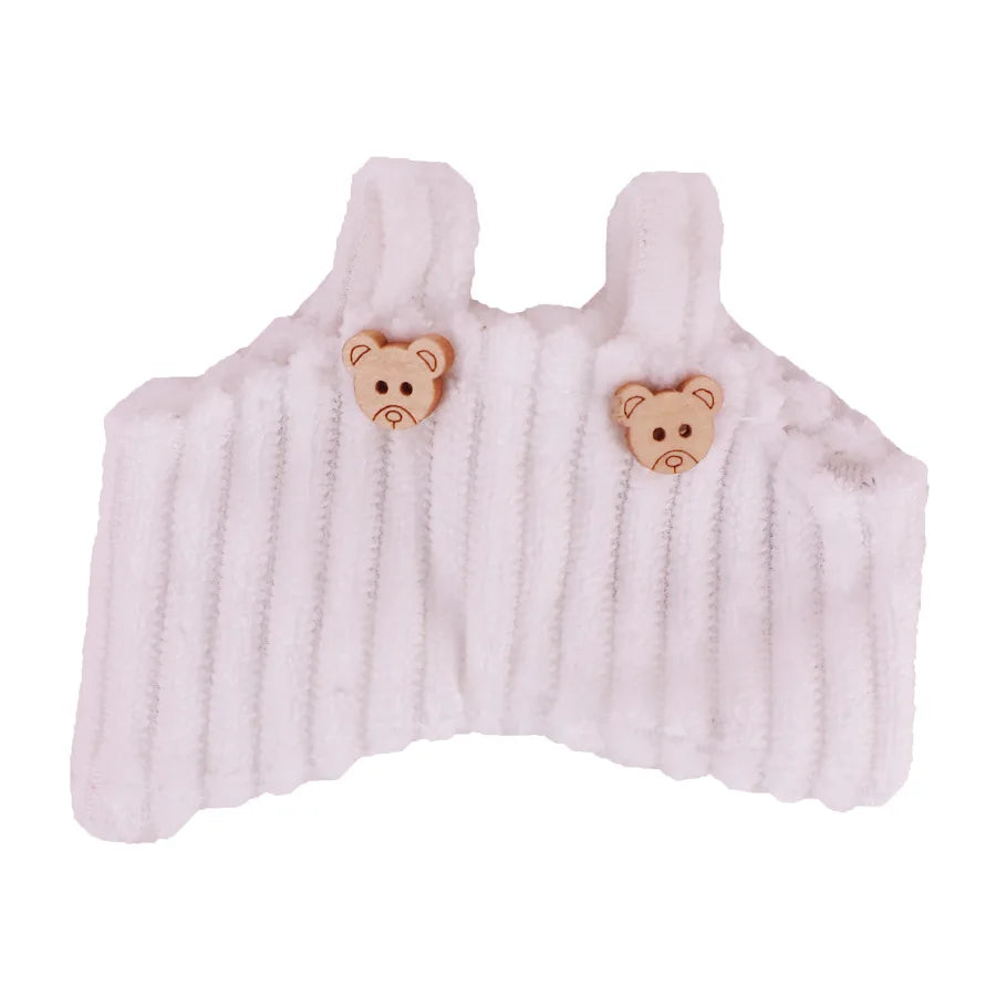 White knitted strap pants with two bear-shaped appliqués for a plush doll
