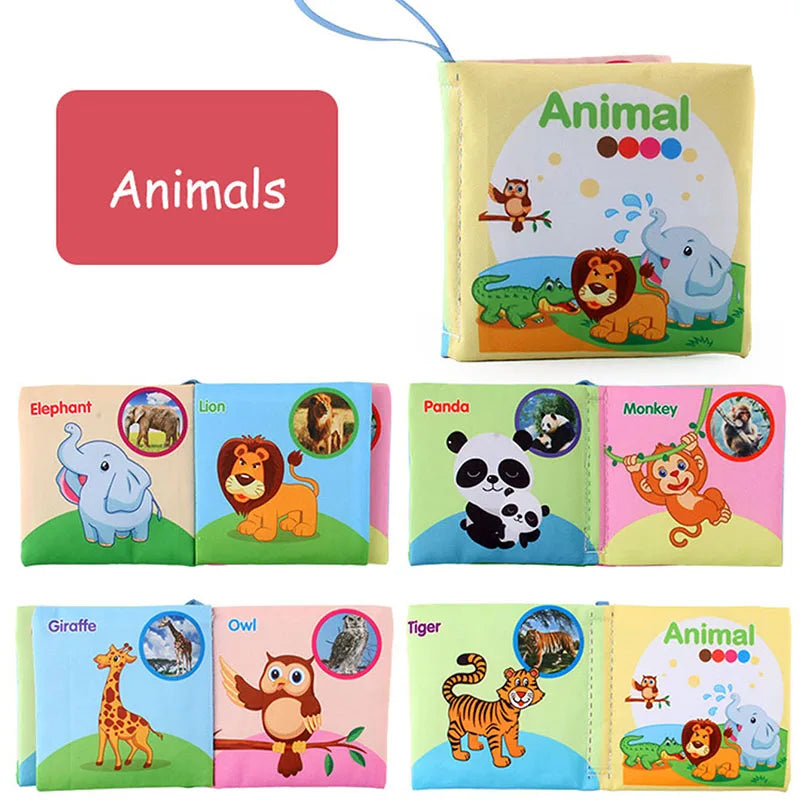 A set of soft fabric animal books featuring various animals like elephants, lions, pandas, and tigers.