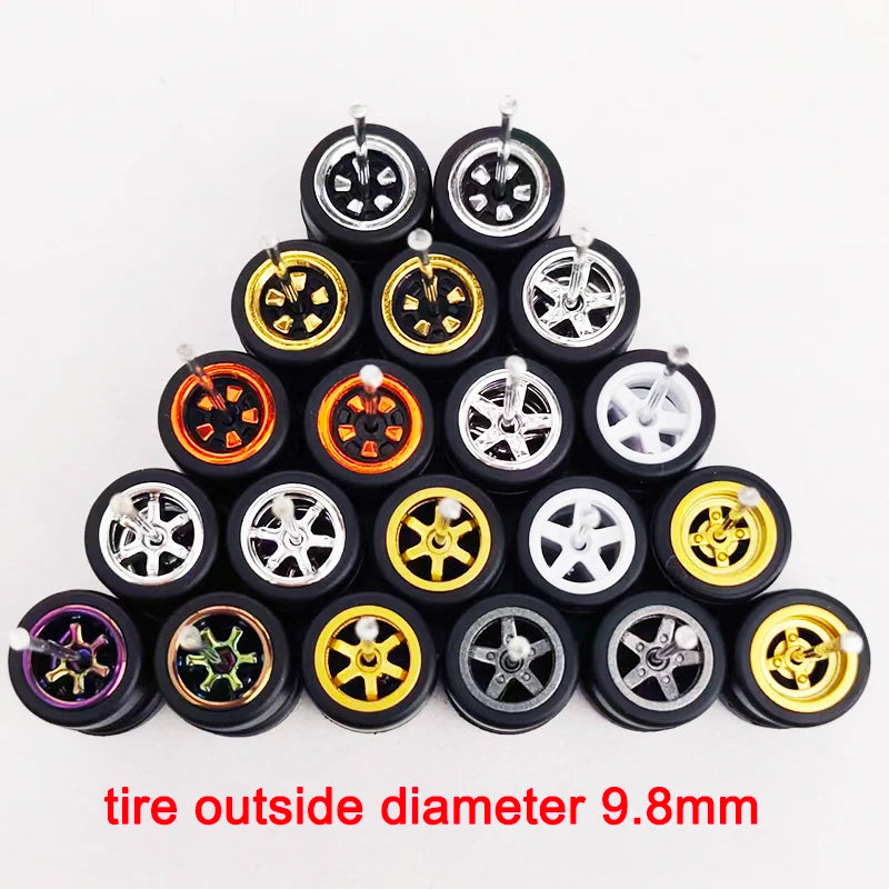 1/64 Scale Alloy Car Wheels with Rubber Tires - 10 Sets
