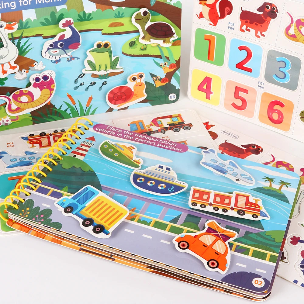A Montessori quiet book for toddlers featuring themed sticker activity sets and numbered pages.