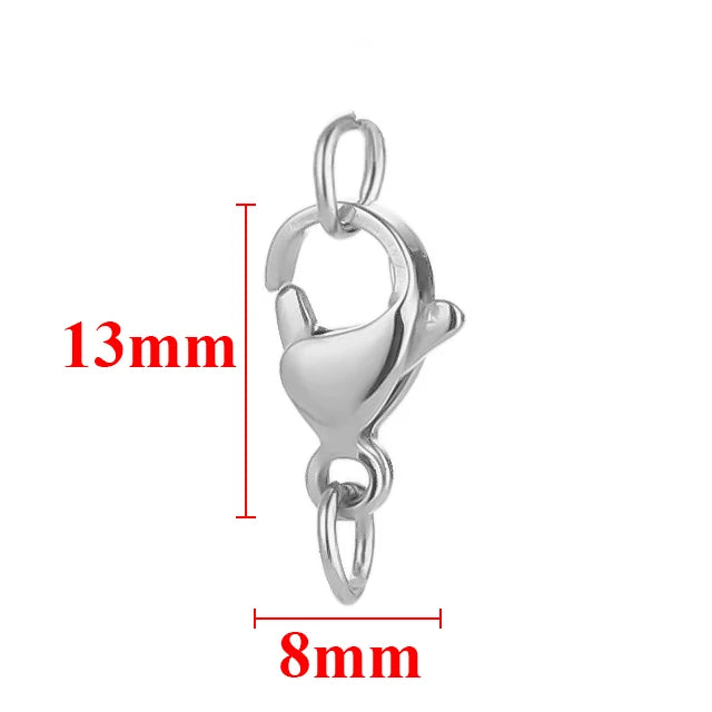 Silver stainless steel lobster clasps and jewelry connectors set with dimensions 13mm and 8mm