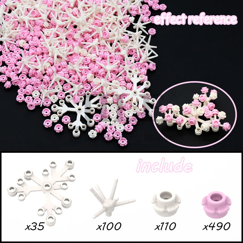 A collection of pink and white cherry blossom tree building blocks with various sizes shown alongside quantity examples.