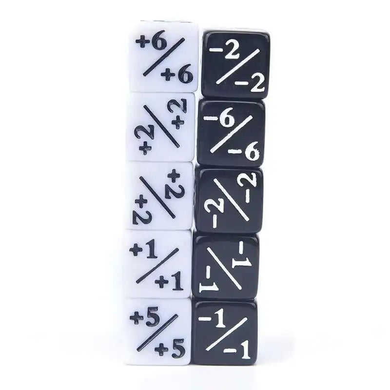 A stack of ten dual-color dice showing various positive and negative integer values.