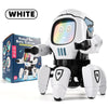 A white interactive dancing duck robot toy with a glowing face and multiple limbs is shown next to its box.