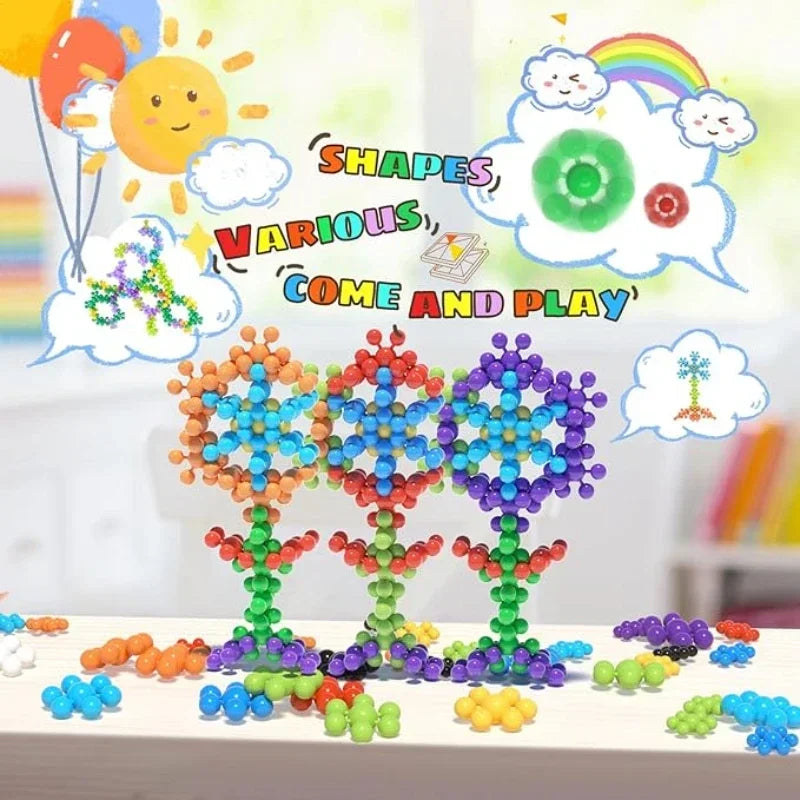 Colorful interlocking plastic building blocks in various shapes and colors are displayed on a white surface.