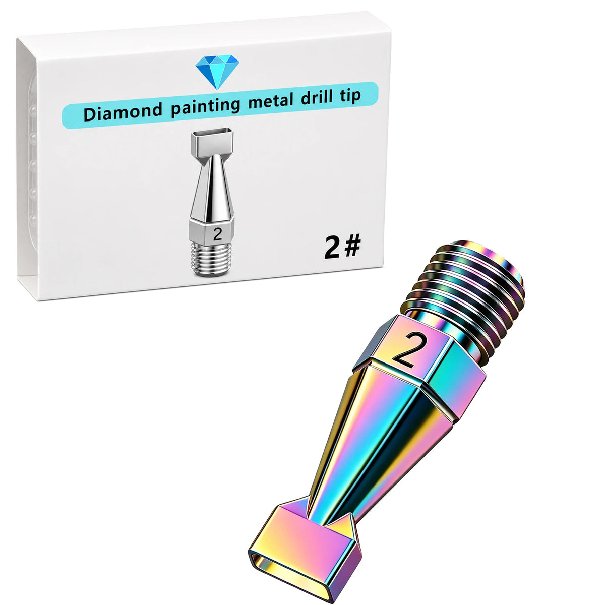 A diamond painting metal drill tip labeled 2# is shown next to an interchangeable resin tip.