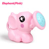 Pink elephant bath toy with a pink body and a light blue watering head.