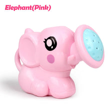 Pink elephant bath toy with a pink body and a light blue watering head.