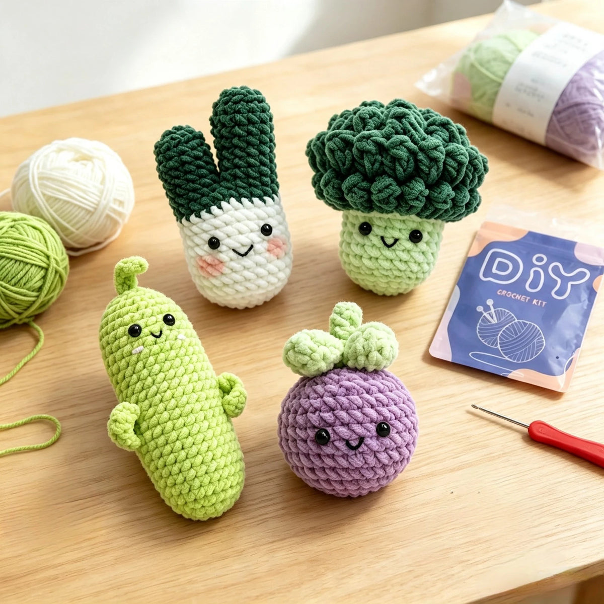 A set of seven crocheted amigurumi animals shaped like vegetables, including broccoli, a cucumber, and a squash, displayed on
