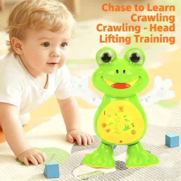 A baby is interacting with a green electric dancing frog toy designed for head lifting crawling training.