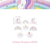 A set of 48 lollipop wrappers featuring unicorn designs and rainbow themes for a party celebration.