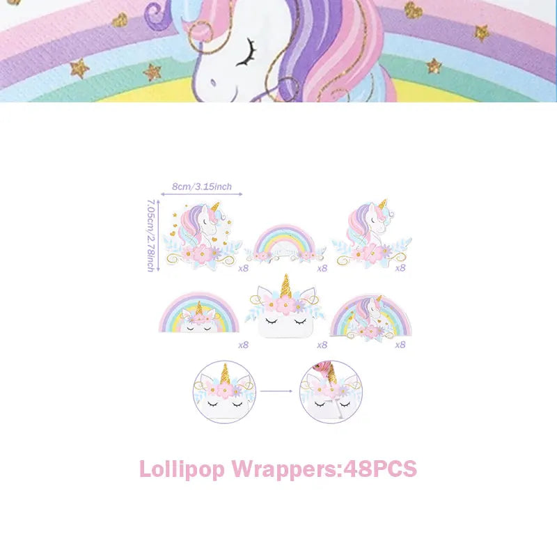 A set of 48 lollipop wrappers featuring unicorn designs and rainbow themes for a party celebration.