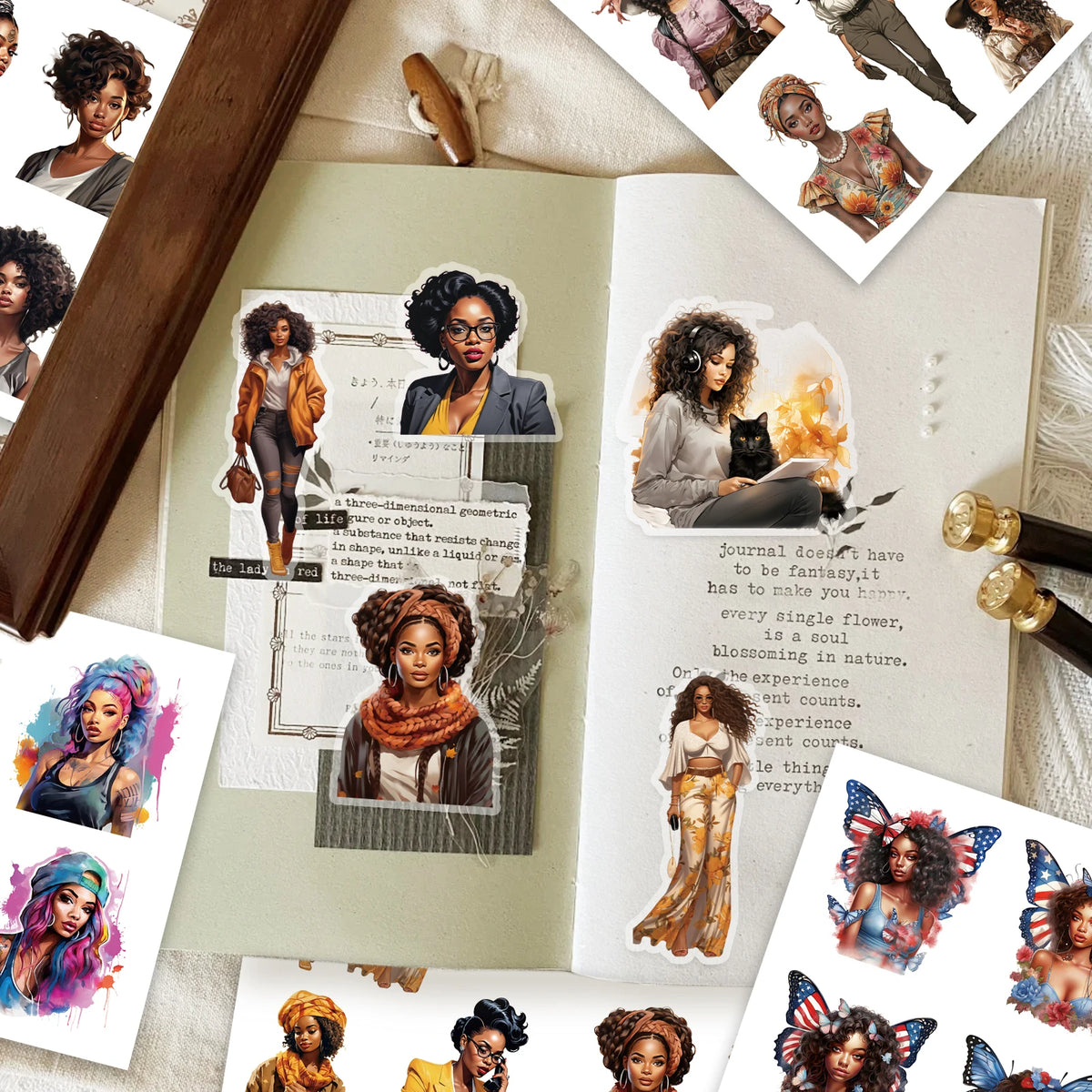 A page from a 40-sheet character sticker book featuring illustrations of diverse women.
