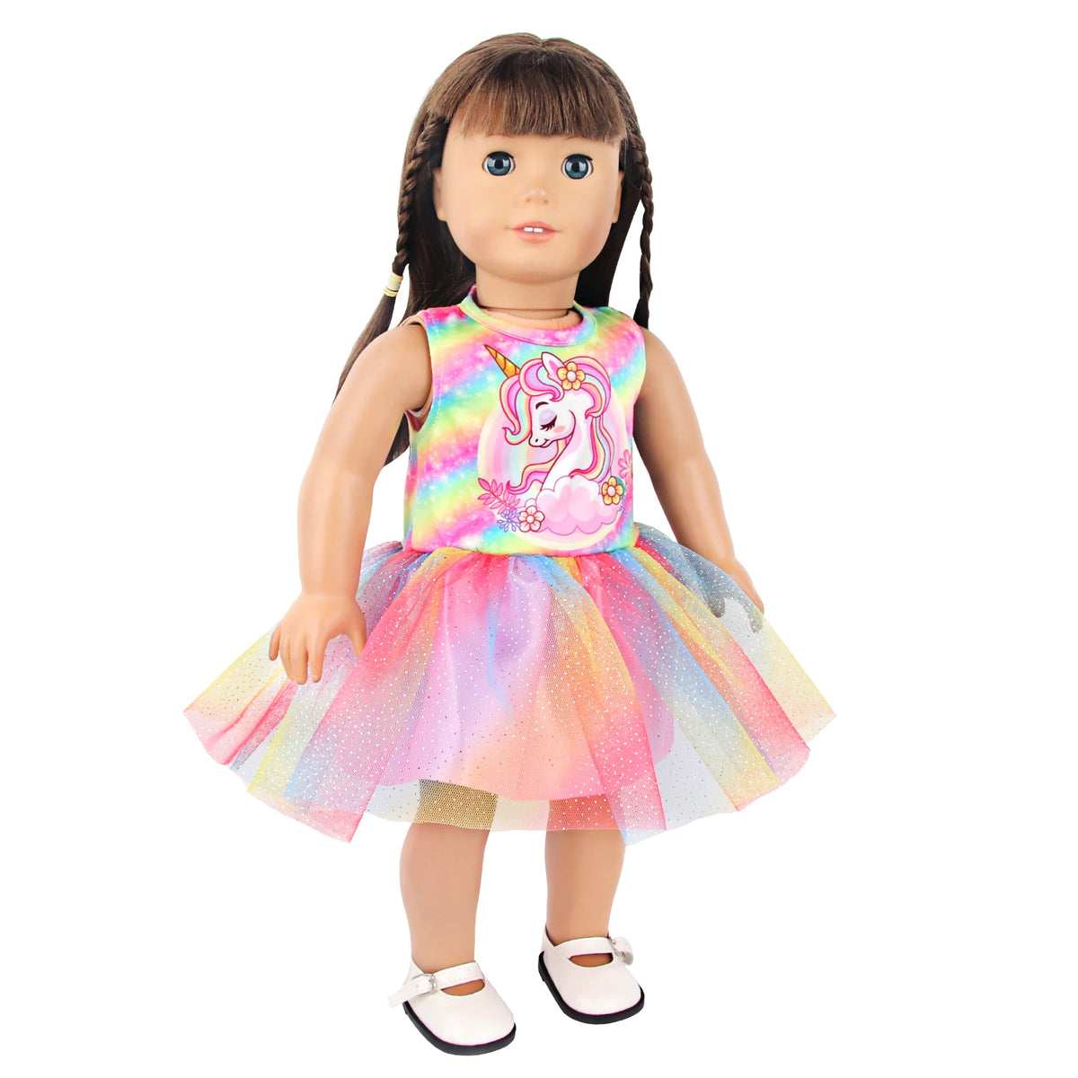 A doll wearing a colorful unicorn themed outfit featuring a pink and iridescent skirt.