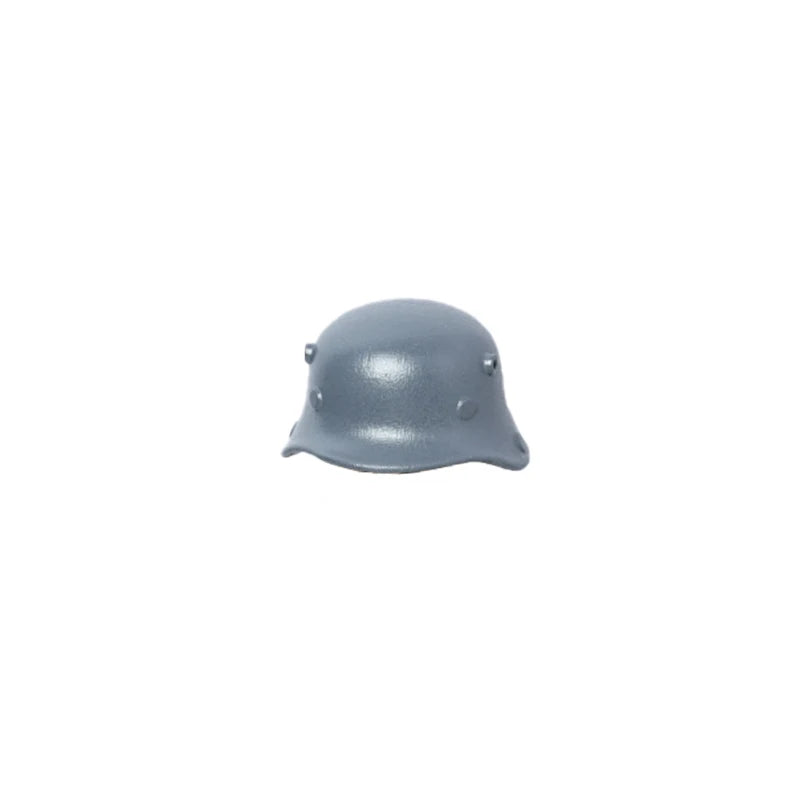 A gray military helmet accessory for a building block set.
