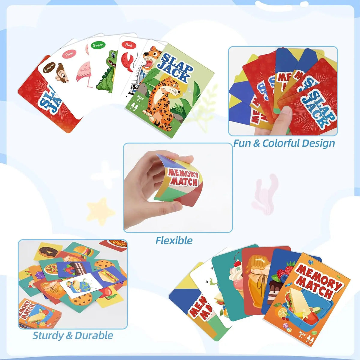 A set of colorful, flexible memory match cards featuring animals and nature themes for kids.