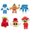 A collection of cute plush toys including a blue bear, an orange giraffe, a blue elephant, and a red monster.