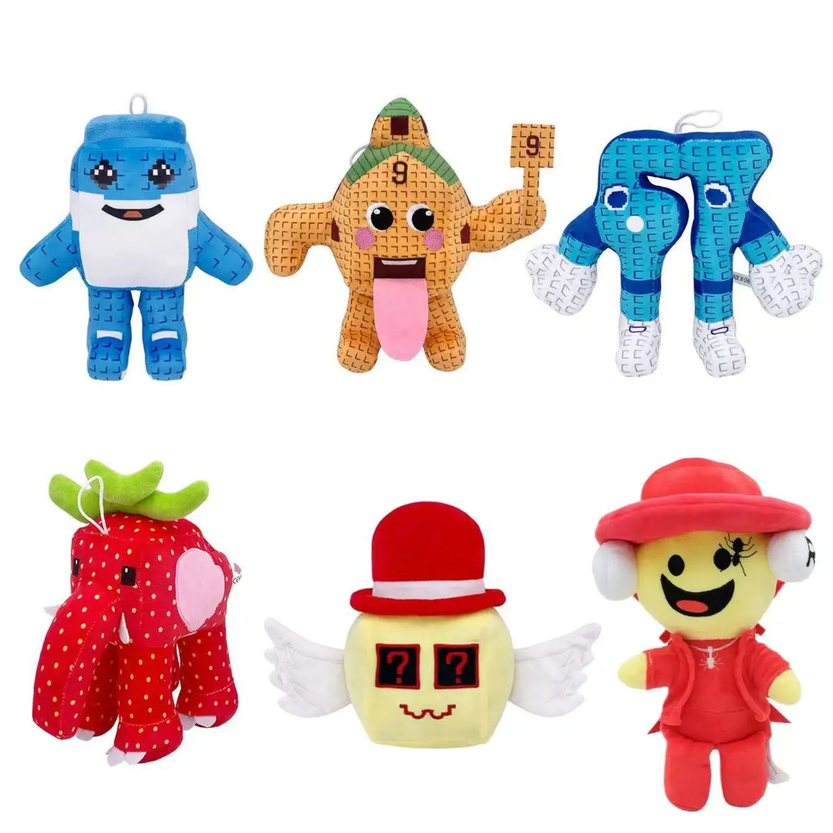 A collection of cute plush toys including a blue bear, an orange giraffe, a blue elephant, and a red monster.