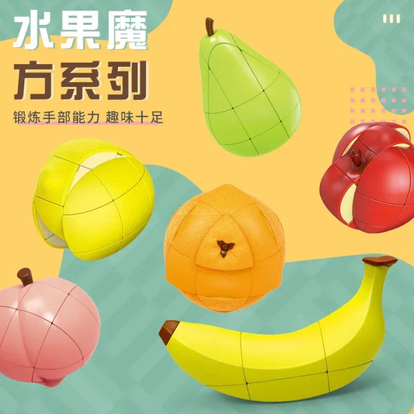 A set of fruit-shaped 3x3 puzzle cubes in various colors including green, yellow, orange, and pink.