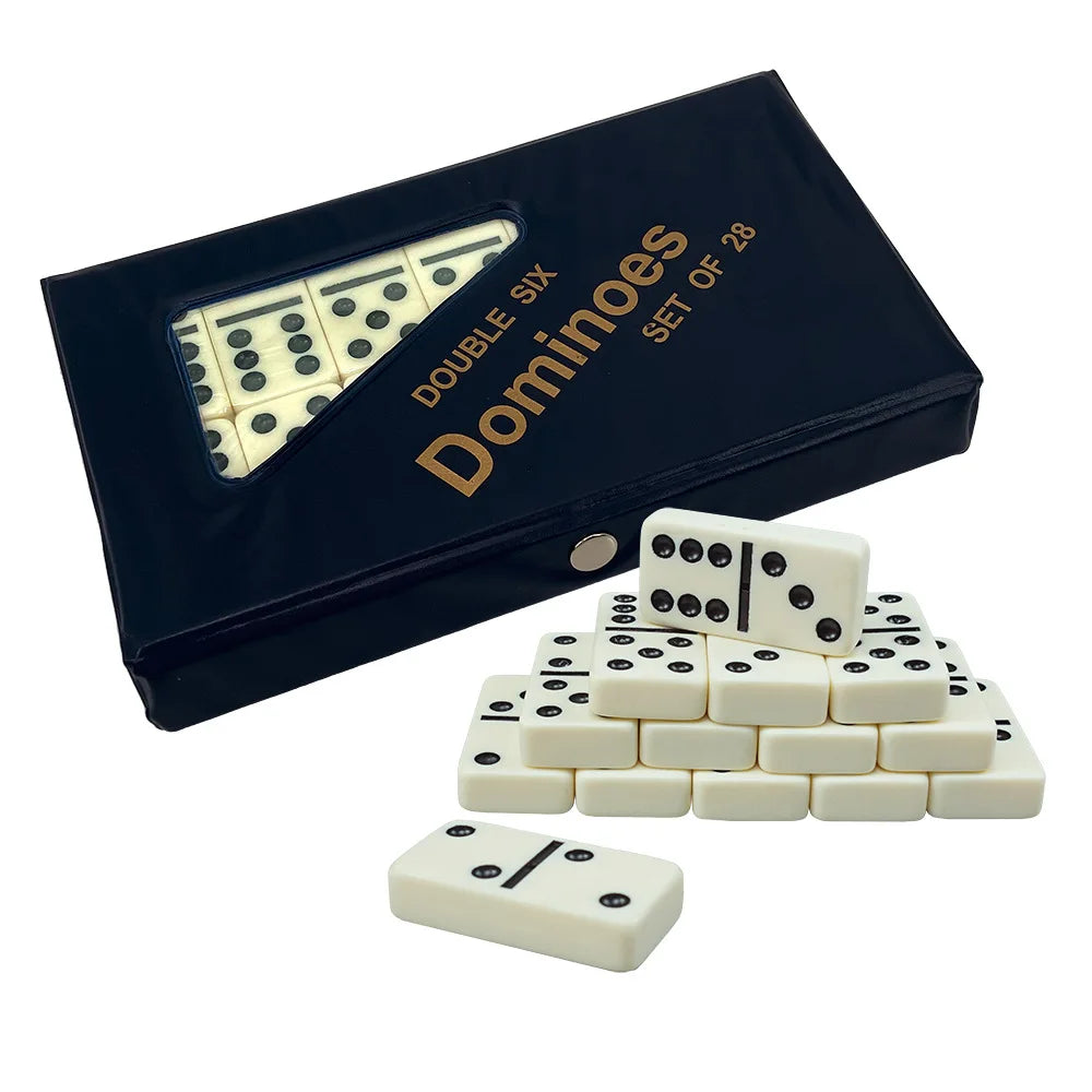A black box for a set of double six dominoes with 28 pieces and several individual domino tiles displayed outside the box.