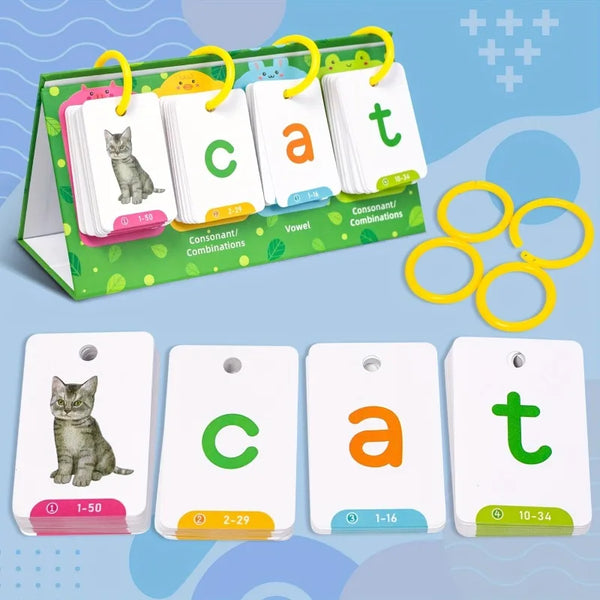 A set of sight word flash cards showing the letters C, A, and T with corresponding vowel/consonant combinations.