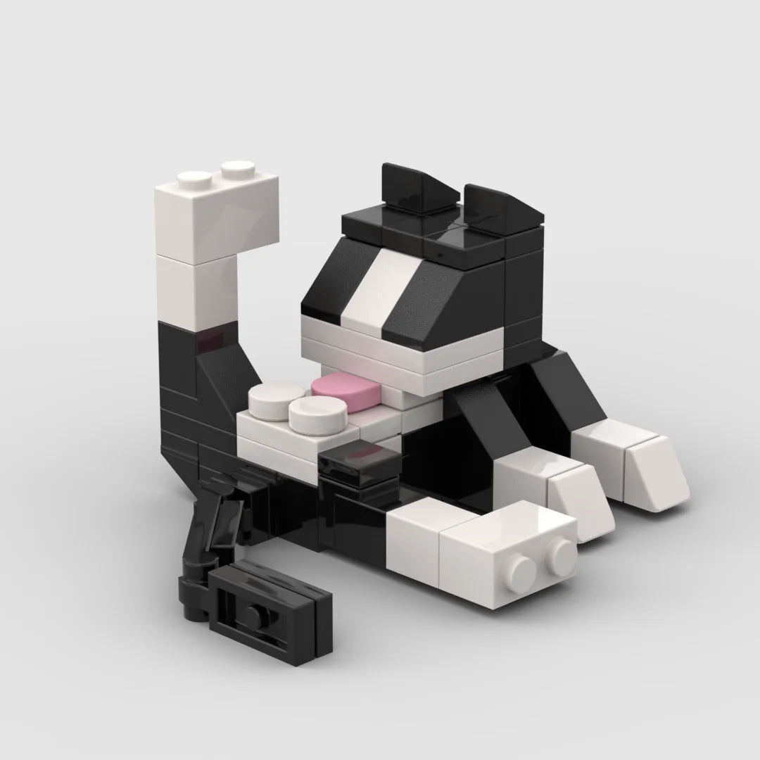 A black and white animal building block set resembling a tiger or cat, featuring various sculpted pieces.