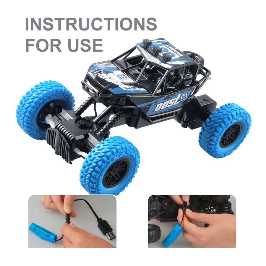 Instructions for use of a black and blue off-road remote control car with flashing lights.